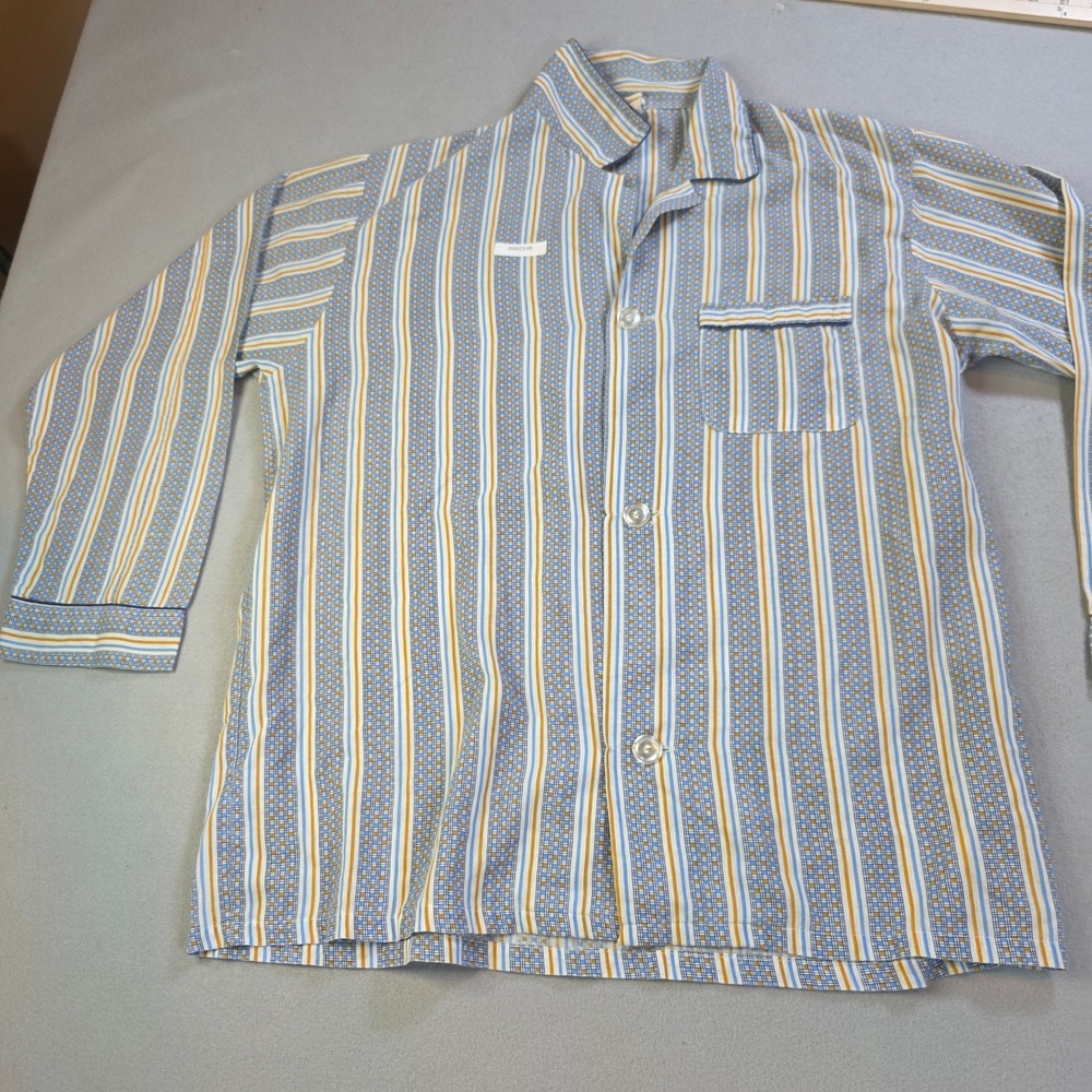 Vintage Kmart Striped Pajama Top Blue Yellow Geometric Button Up Shirt Retro L